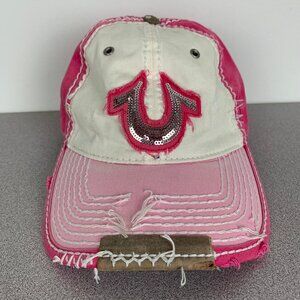 True Religion Pink Distressed Y2K Hat Strapback Cap
